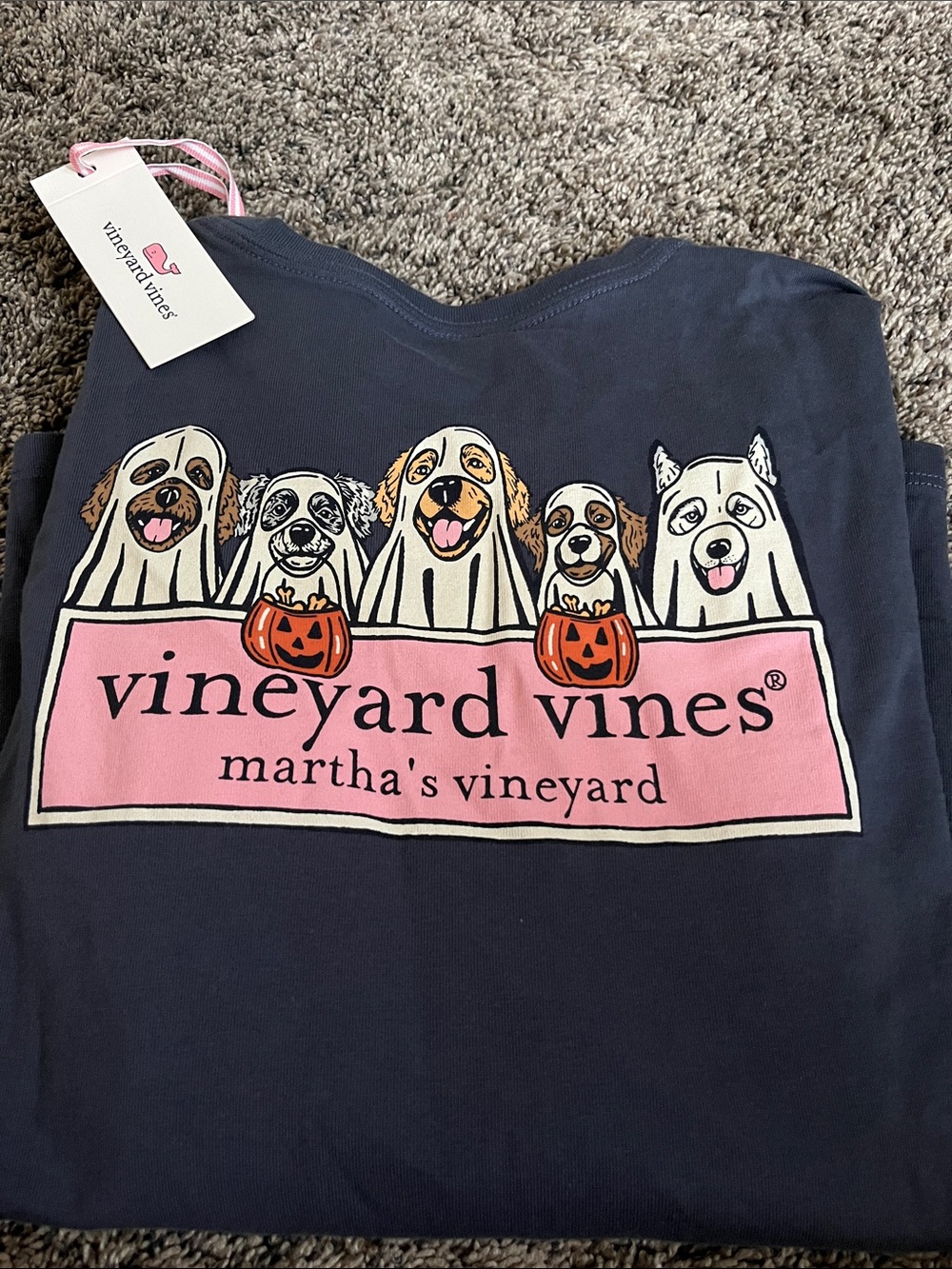 Vineyard Vines Navy Long-Sleeve T w Pink Logo & dog goats. Halloween. New medium